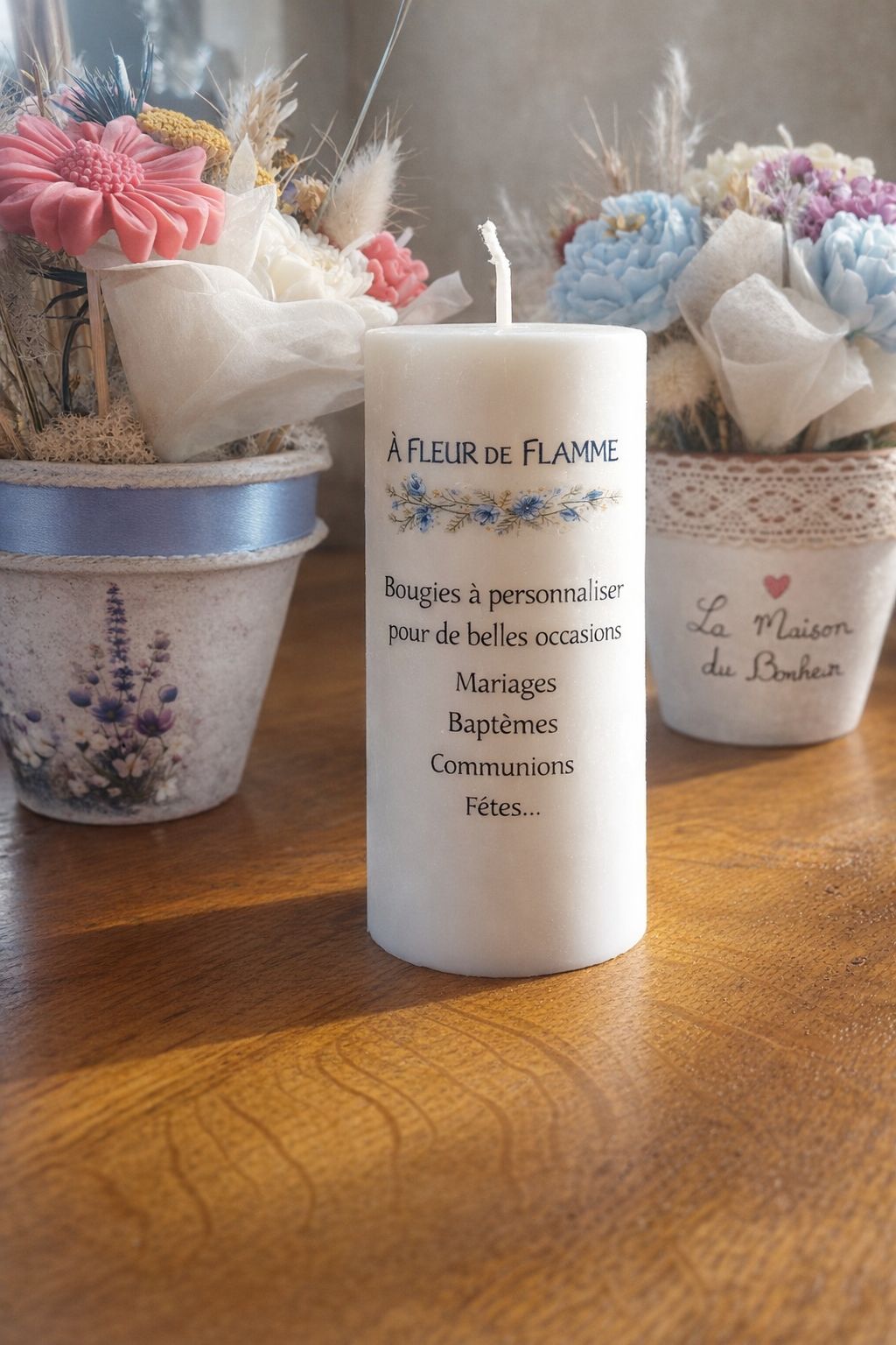 Grande bougie blanche personnalisée pour mariage ou baptême, À fleur de flamme