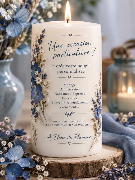 Grande bougie blanche décorée de fleurs bleues, réalisée par À fleur de flamme