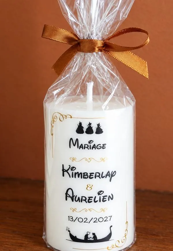 Bougie de mariage personnalisée avec les prénoms des mariés, la date et un cadre doré