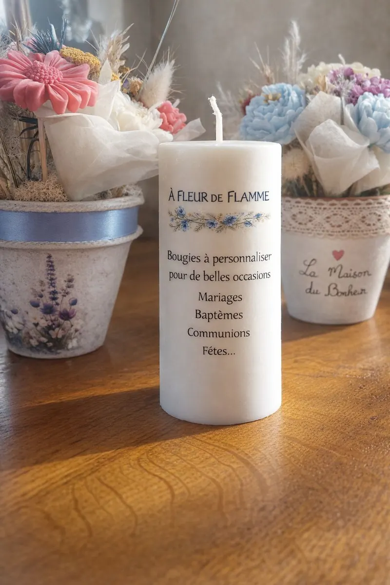 Grande bougie blanche personnalisée pour mariage ou baptême, À fleur de flamme