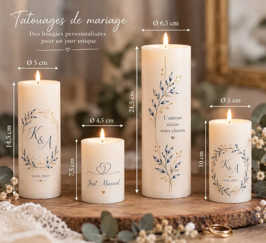 Les quatre formats de bougies personnalisables : Ø 4,5 × 7,5 cm, Ø 5 × 10 cm, Ø 5 × 14,5 cm et Ø 6,5 × 21,5 cm, décorés de prénoms, d'une date et de feuillages