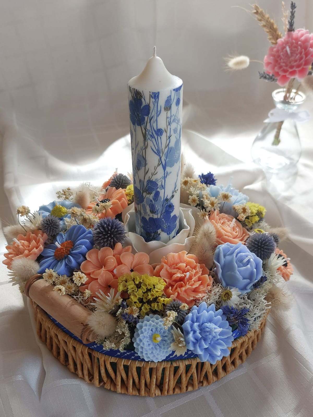 Centre de table bougies & végétal — duo de charme, création artisanale À fleur de flamme